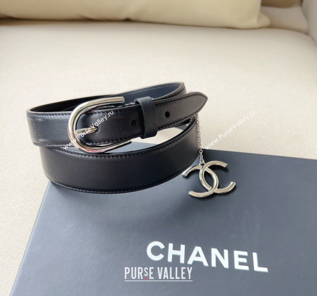 Chanel Leather Belt 3cm with CC Charm Black/Silver 2024 050901 (99-240509180)