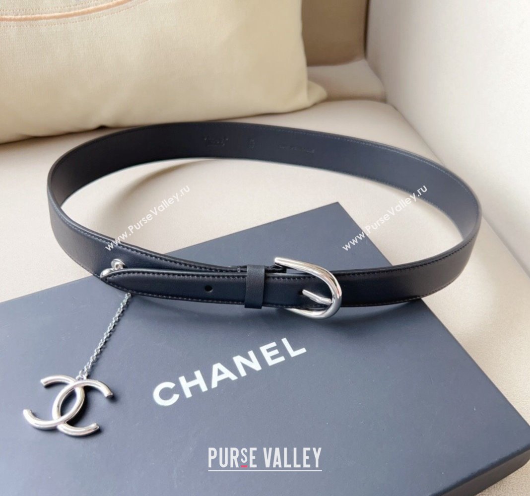 Chanel Leather Belt 3cm with CC Charm Black/Silver 2024 050901 (99-240509180)