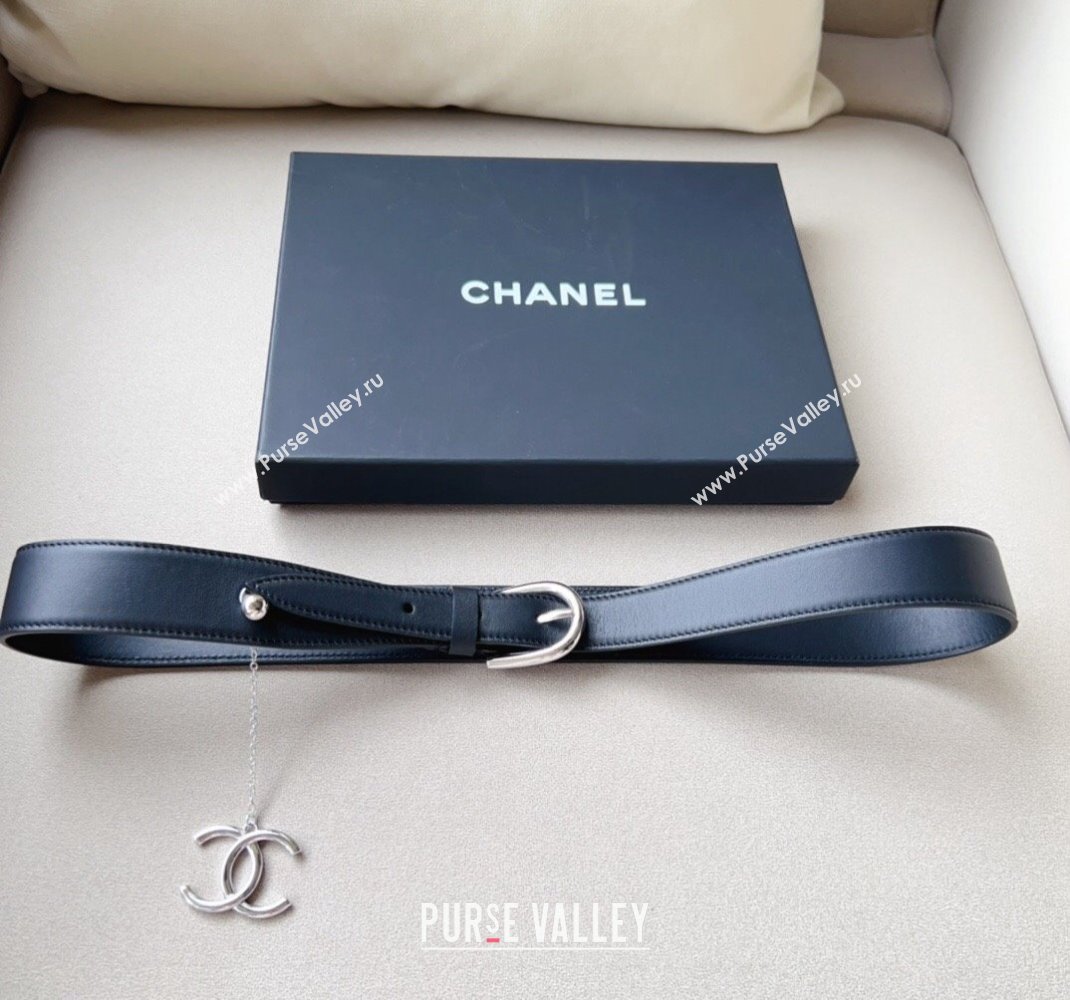 Chanel Leather Belt 3cm with CC Charm Black/Silver 2024 050901 (99-240509180)