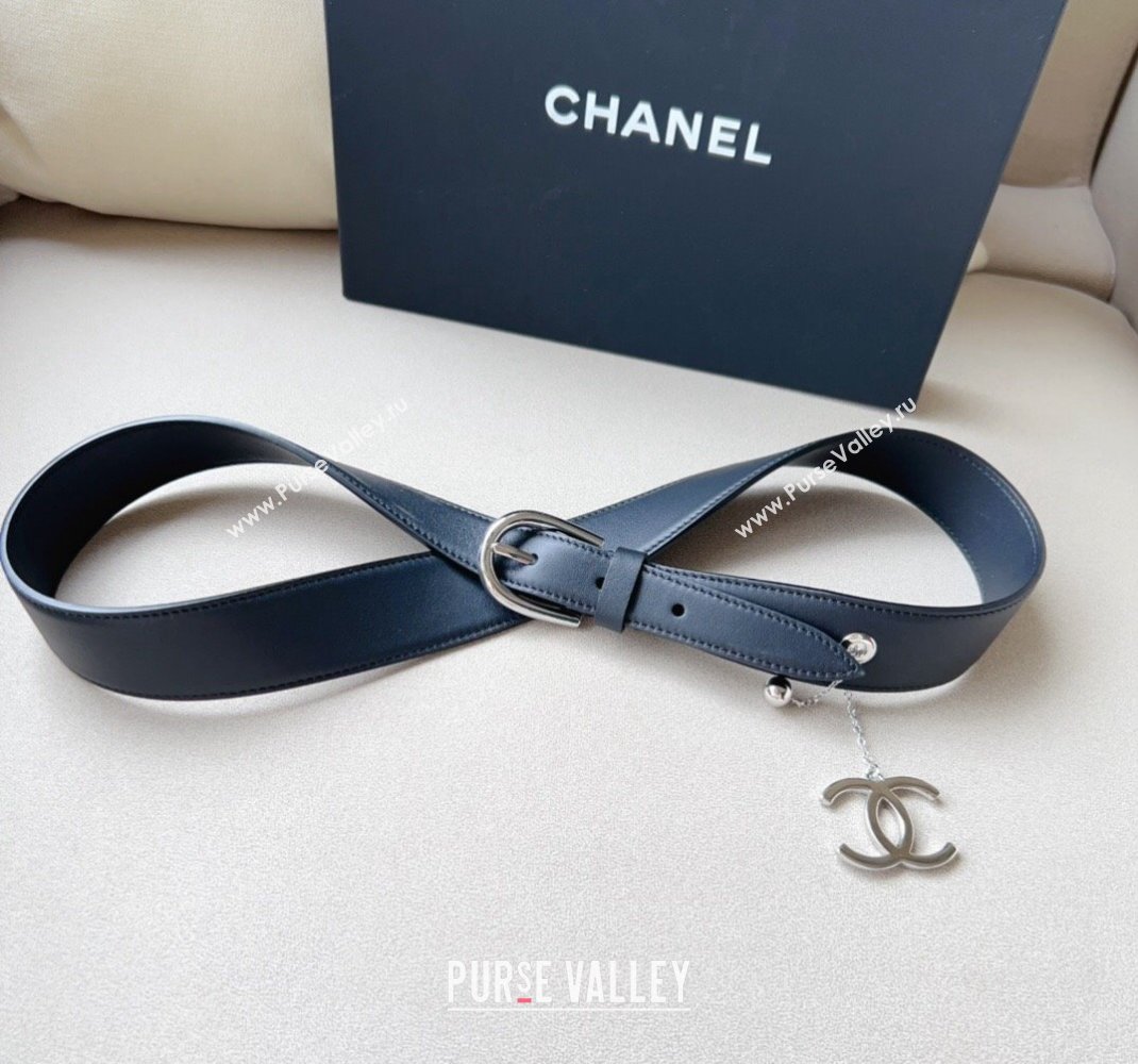 Chanel Leather Belt 3cm with CC Charm Black/Silver 2024 050901 (99-240509180)