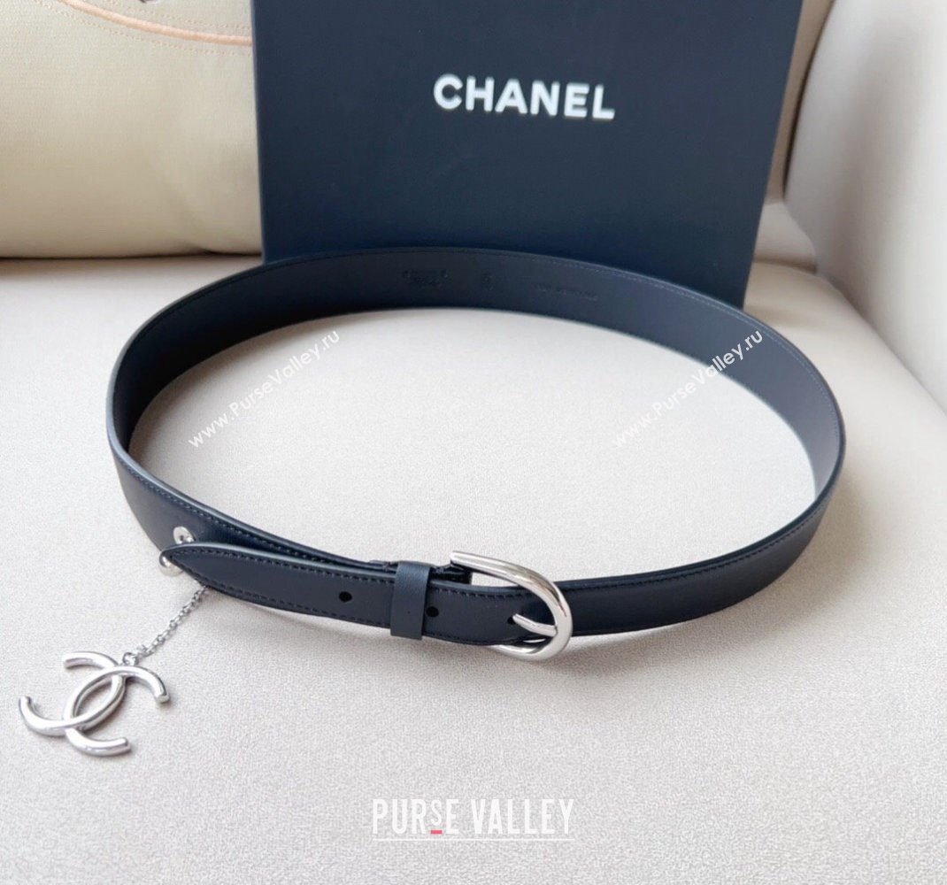 Chanel Leather Belt 3cm with CC Charm Black/Silver 2024 050901 (99-240509180)