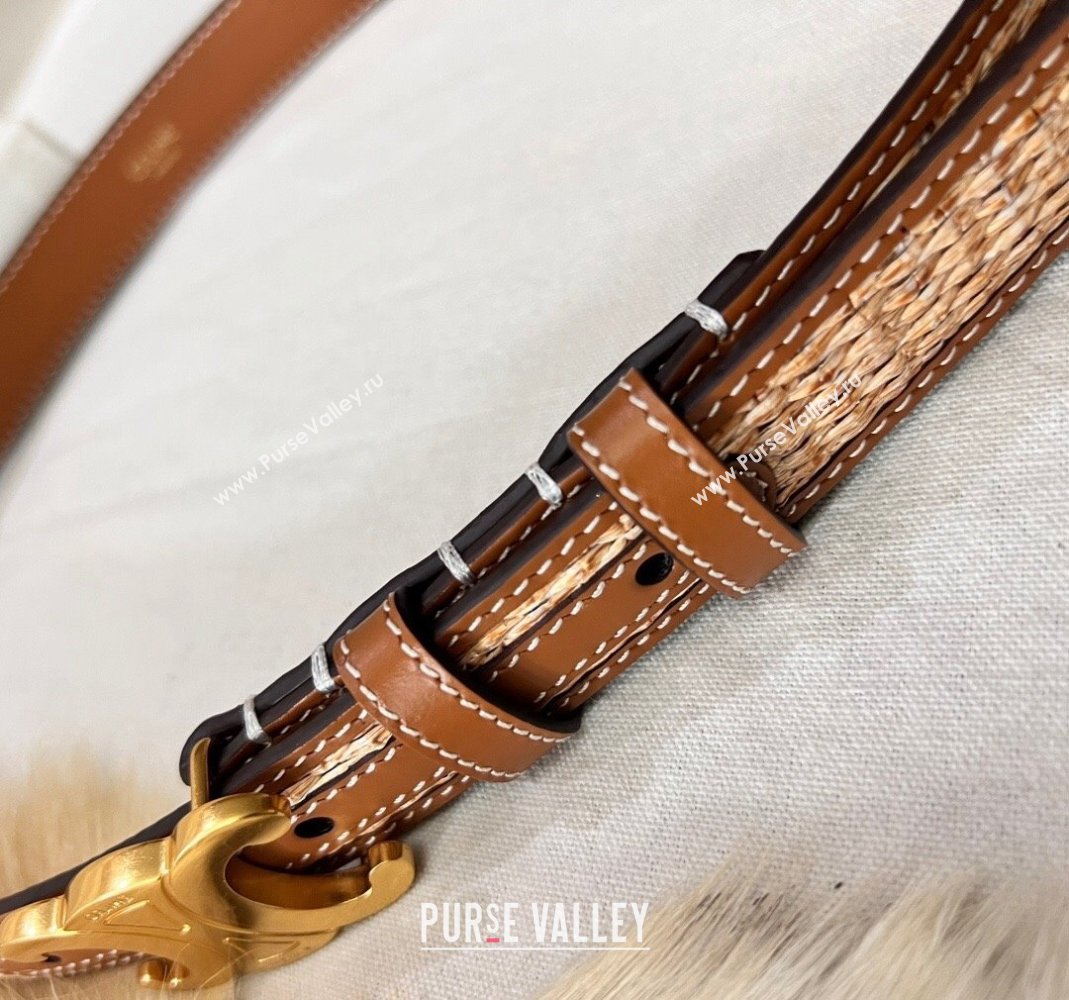 Celine Triomphe Belt 2.5cm in Straw-Like aand Leather with Aged Gold Logo Buckle 2024 368340 (99-240509136)