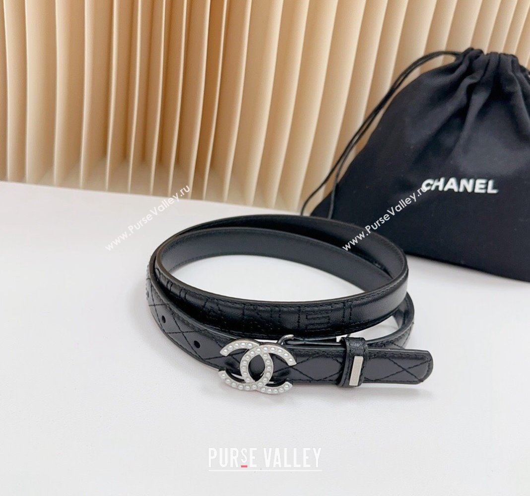 Chanel Belt 2cm with Pearls CC Buckle in Quilted Calfskin Black/Silver 2024 0617 (99-240617030)