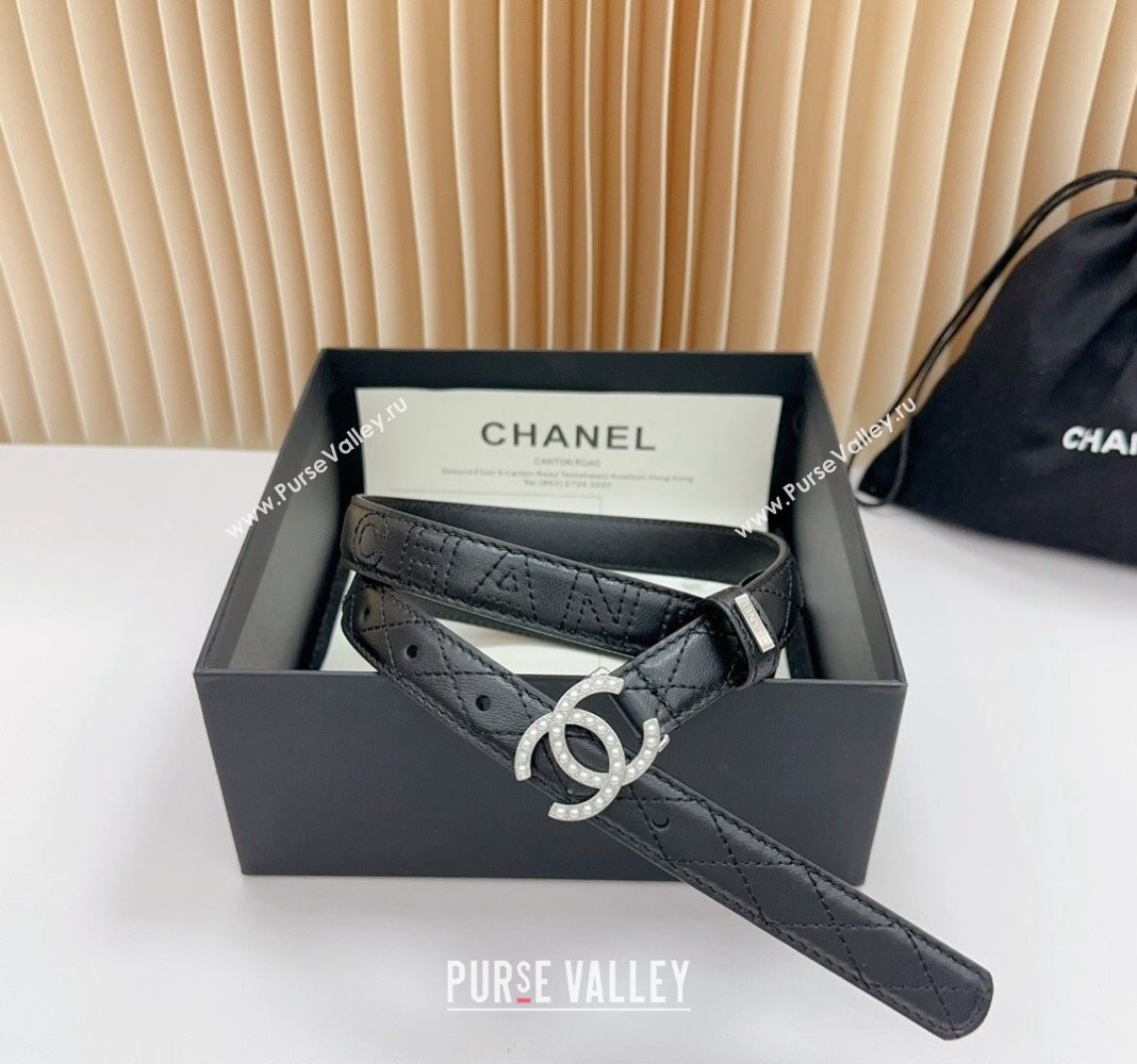 Chanel Belt 2cm with Pearls CC Buckle in Quilted Calfskin Black/Silver 2024 0617 (99-240617030)