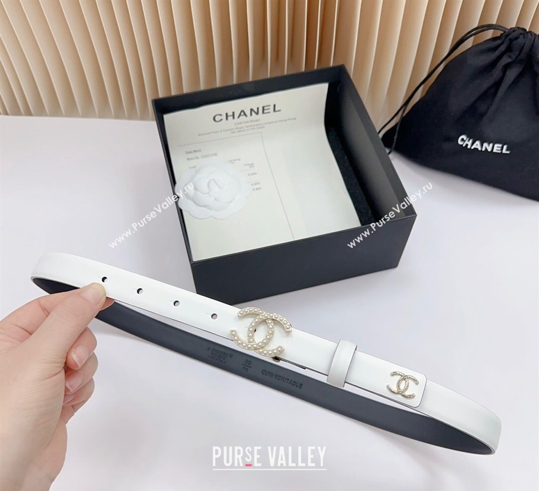 Chanel Belt 2cm with Pearls CC Buckle in Calfskin White 2024 0617 (99-240617034)