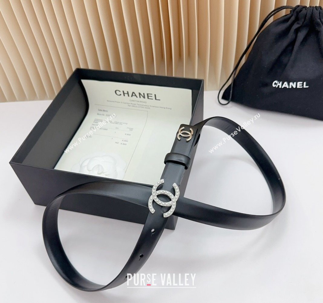 Chanel Belt 2cm with Pearls CC Buckle in Calfskin Black/Silver 2 2024 0617 (99-240617039)