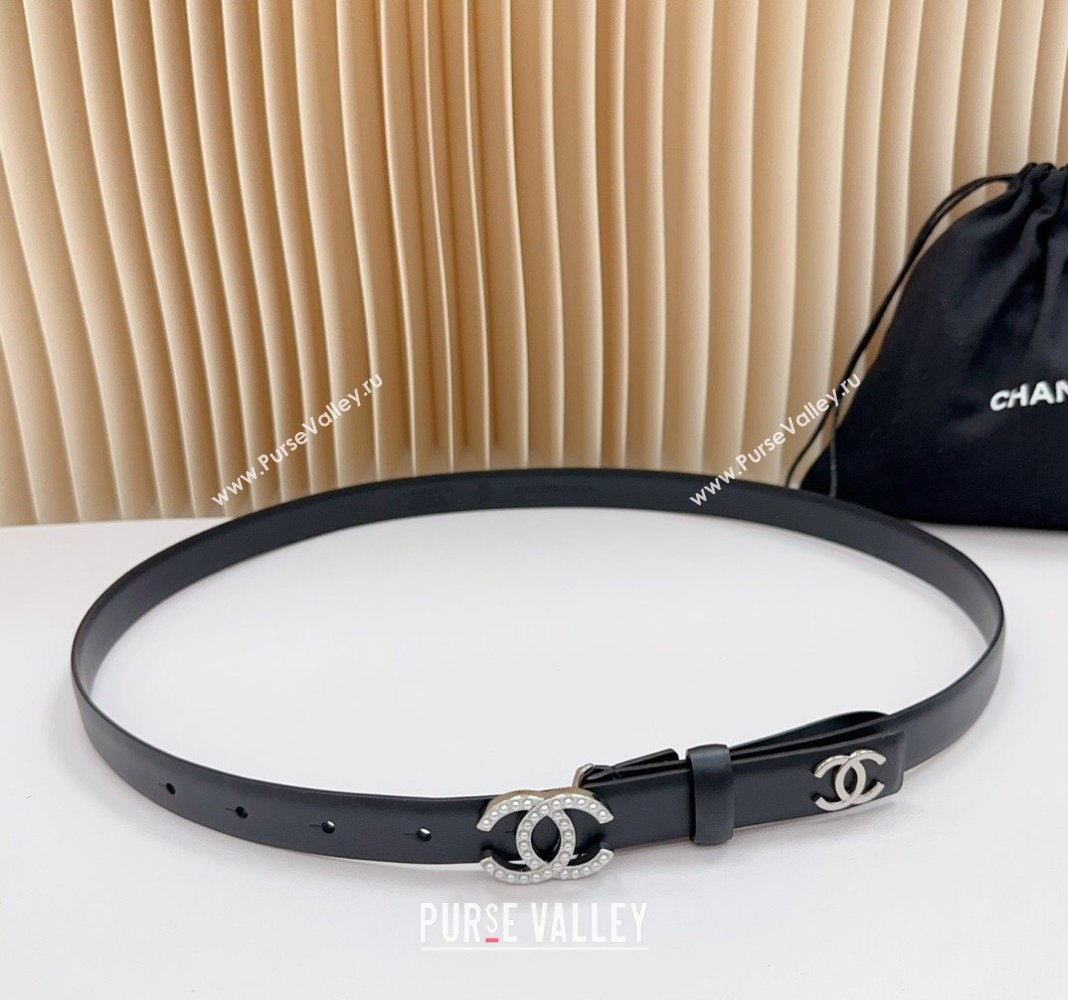 Chanel Belt 2cm with Pearls CC Buckle in Calfskin Black/Silver 2 2024 0617 (99-240617039)