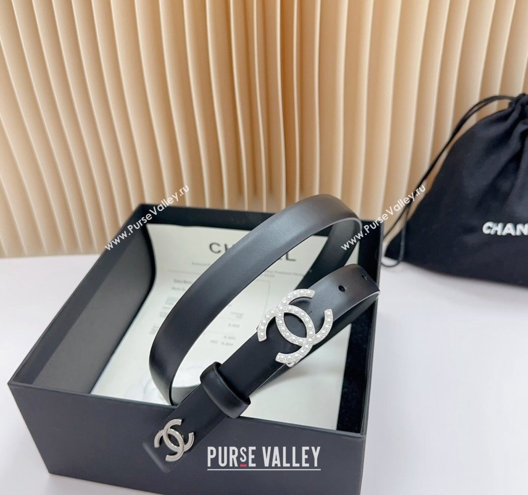 Chanel Belt 2cm with Pearls CC Buckle in Calfskin Black/Silver 2 2024 0617 (99-240617039)