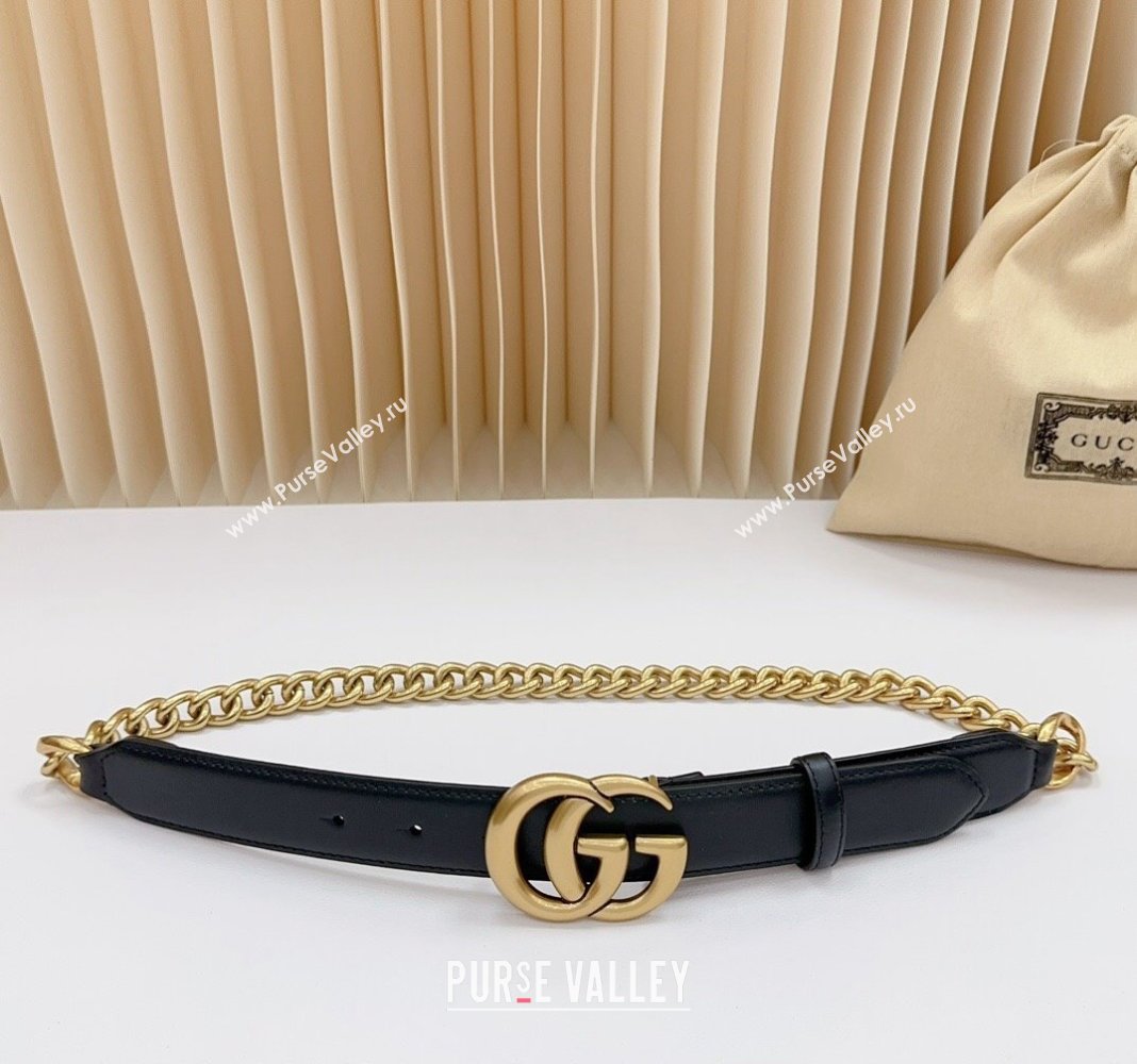 Gucci Belt 3cm with GG Buckle in Calfskin and Chain Black/Aged Gold 2024 0617 (99-240617051)