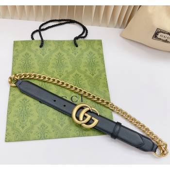 Gucci Belt 3cm with GG Buckle in Calfskin and Chain Black/Aged Gold 2024 0617 (99-240617051)