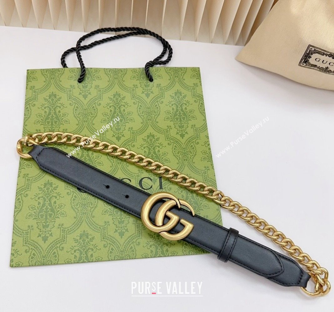 Gucci Belt 3cm with GG Buckle in Calfskin and Chain Black/Aged Gold 2024 0617 (99-240617051)