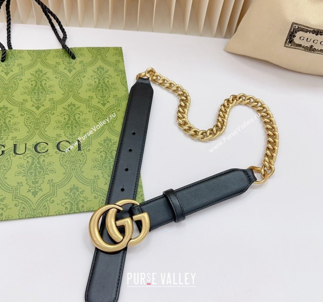 Gucci Belt 3cm with GG Buckle in Calfskin and Chain Black/Aged Gold 2024 0617 (99-240617051)