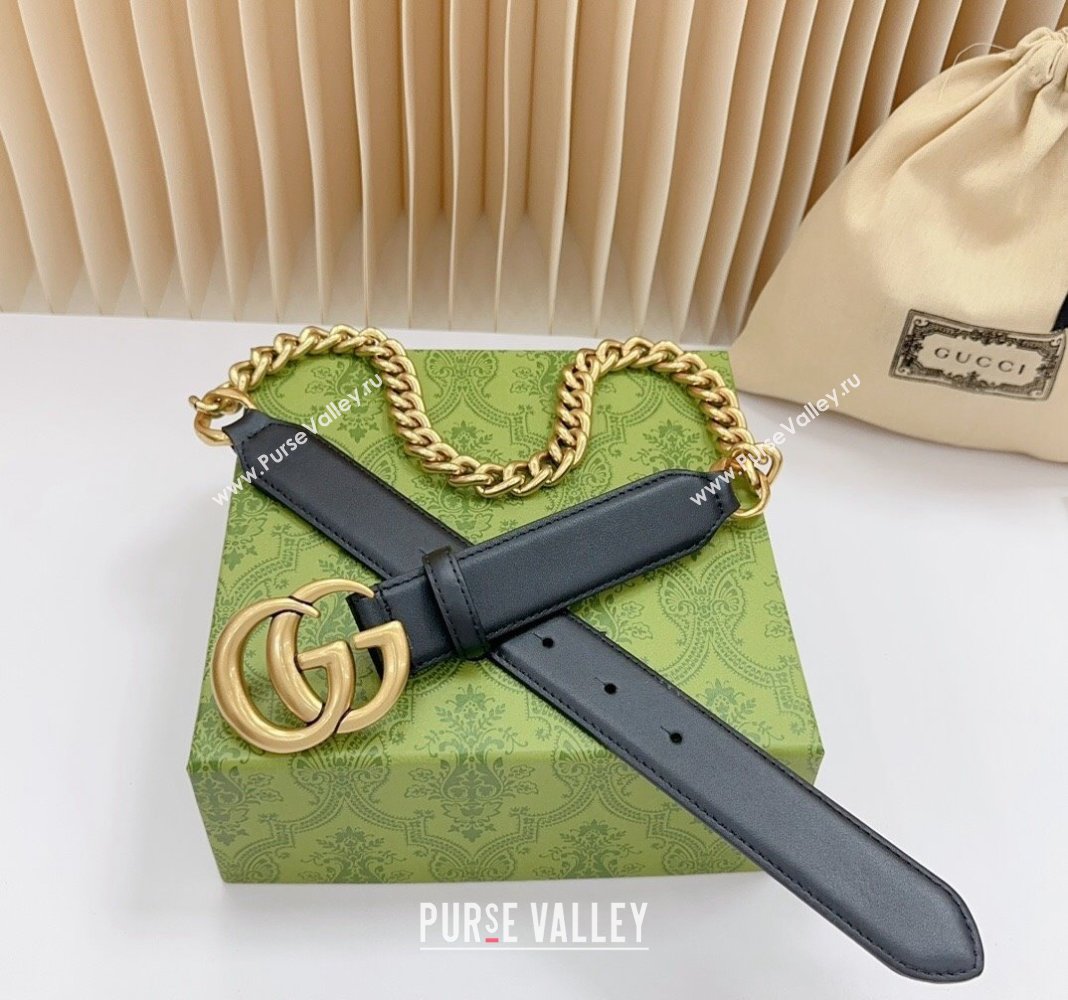 Gucci Belt 3cm with GG Buckle in Calfskin and Chain Black/Aged Gold 2024 0617 (99-240617051)