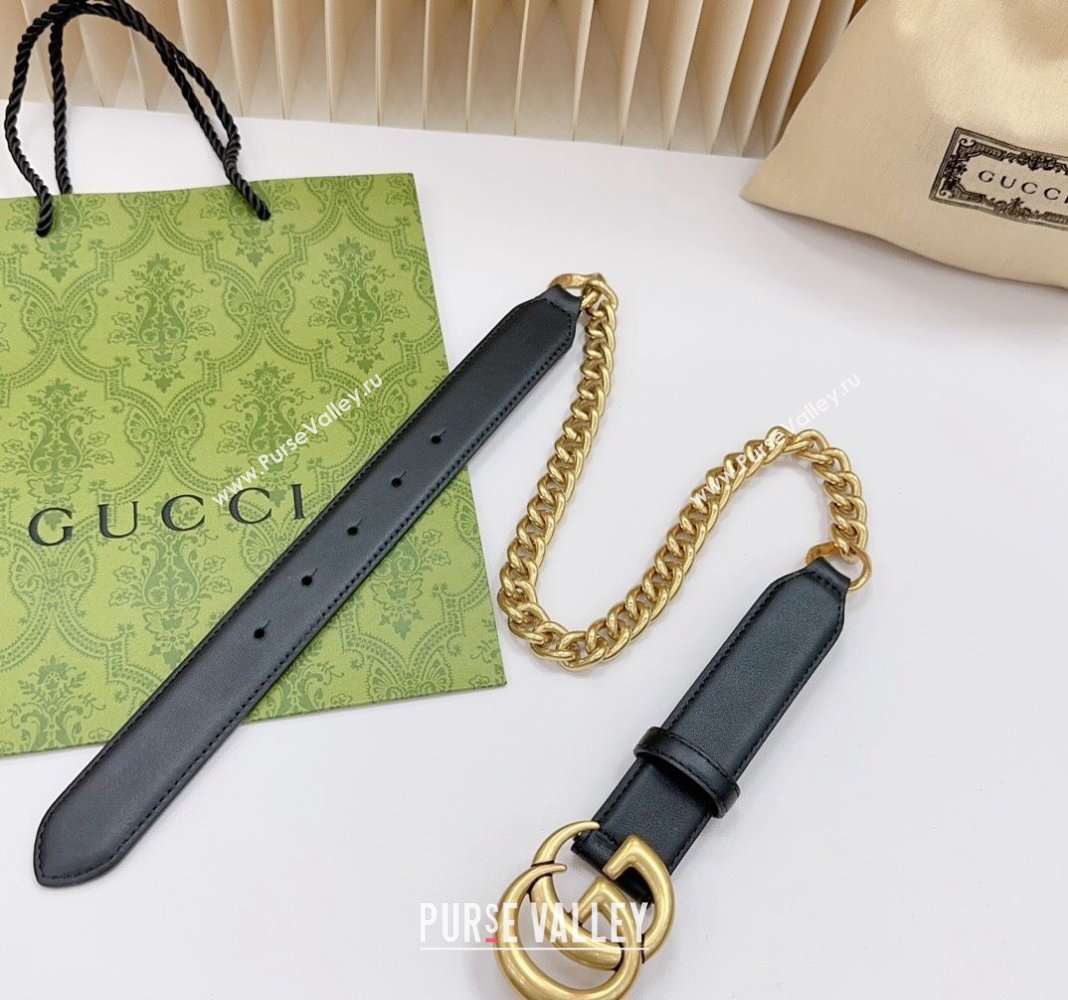 Gucci Belt 3cm with GG Buckle in Calfskin and Chain Black/Aged Gold 2024 0617 (99-240617051)