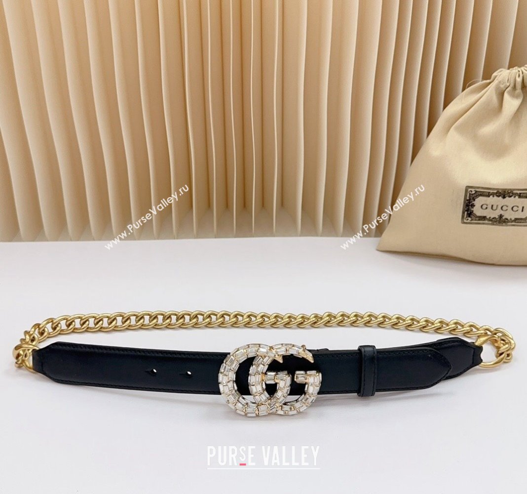 Gucci Belt 3cm with Strass GG Buckle in Calfskin and Chain Black 2024 0617 (99-240617052)