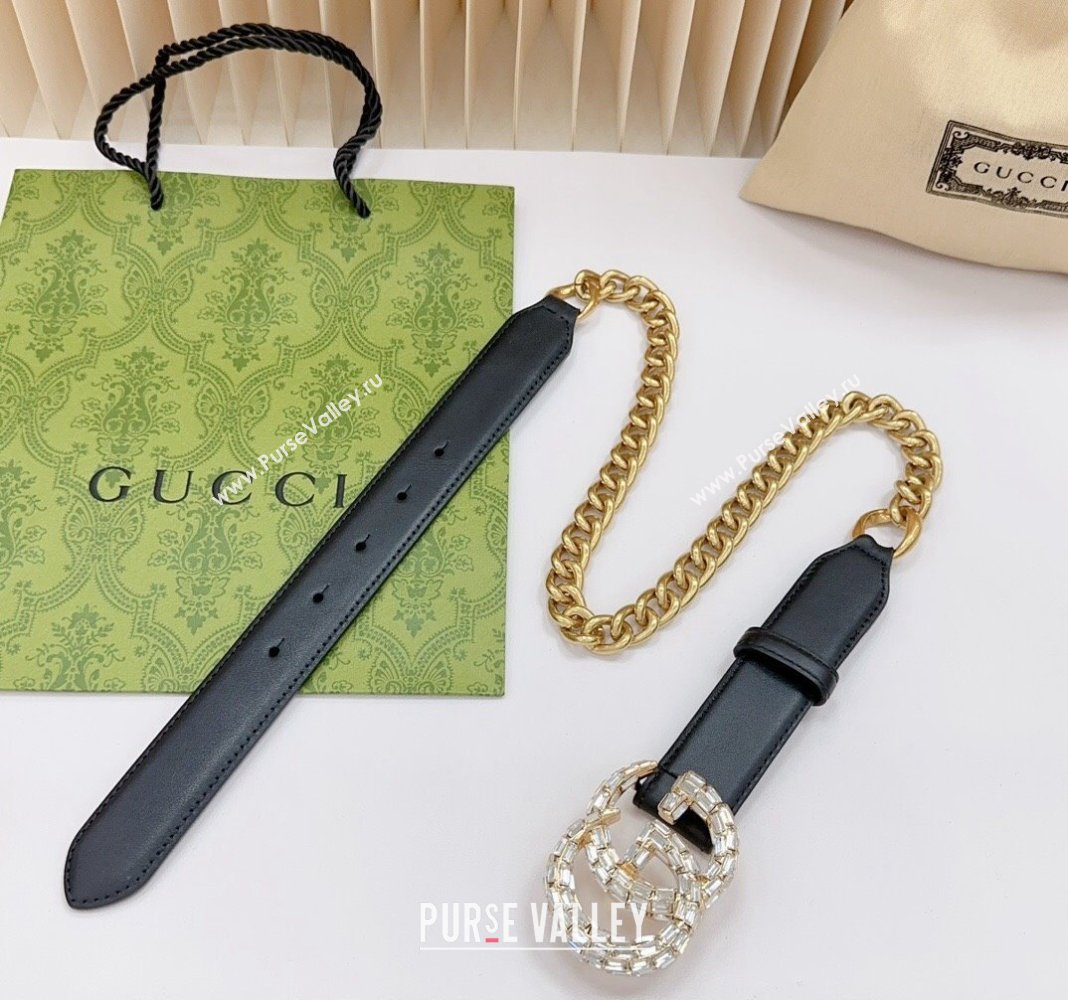 Gucci Belt 3cm with Strass GG Buckle in Calfskin and Chain Black 2024 0617 (99-240617052)