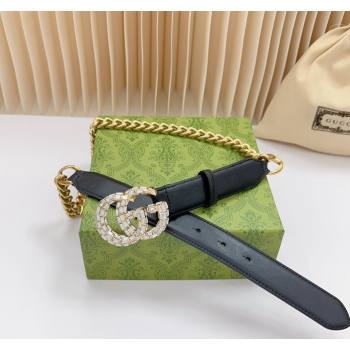 Gucci Belt 3cm with Strass GG Buckle in Calfskin and Chain Black 2024 0617 (99-240617052)