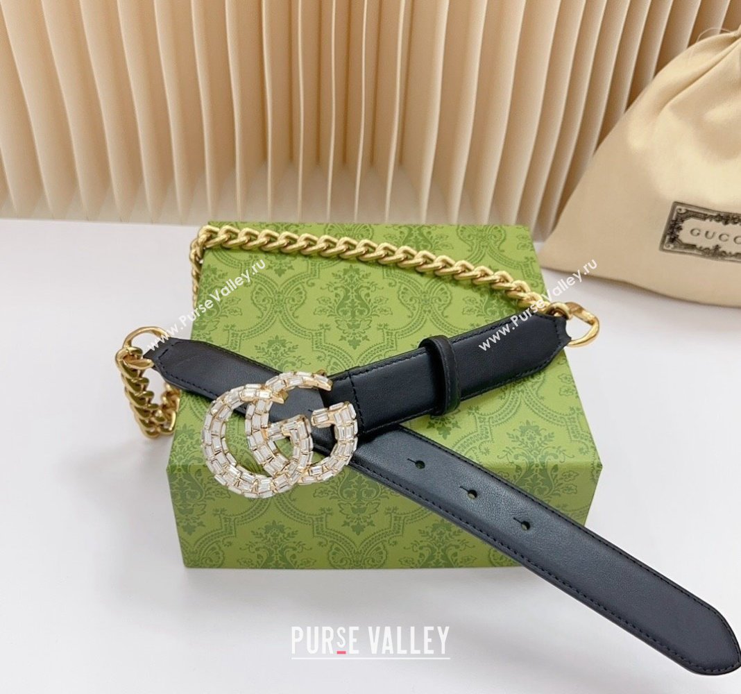 Gucci Belt 3cm with Strass GG Buckle in Calfskin and Chain Black 2024 0617 (99-240617052)