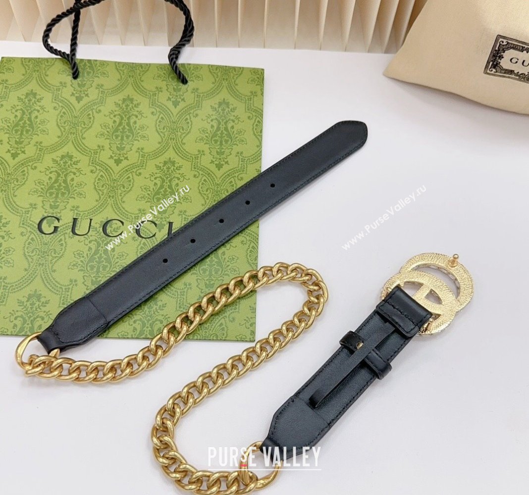 Gucci Belt 3cm with Strass GG Buckle in Calfskin and Chain Black 2024 0617 (99-240617052)