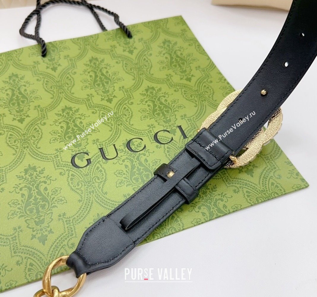 Gucci Belt 3cm with Strass GG Buckle in Calfskin and Chain Black 2024 0617 (99-240617052)