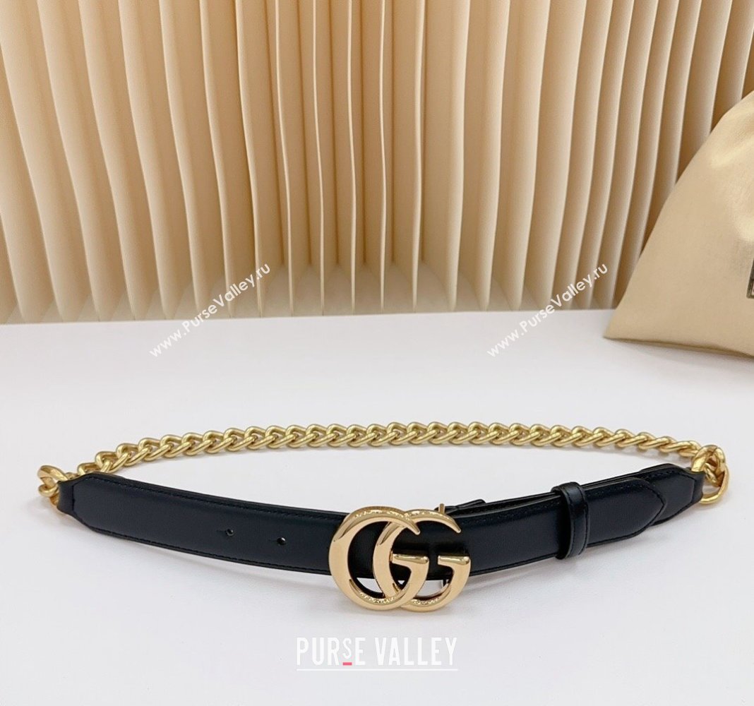 Gucci Belt 3cm with GG Buckle in Calfskin and Chain Black/Shiny Gold 2024 0617 (99-240617053)