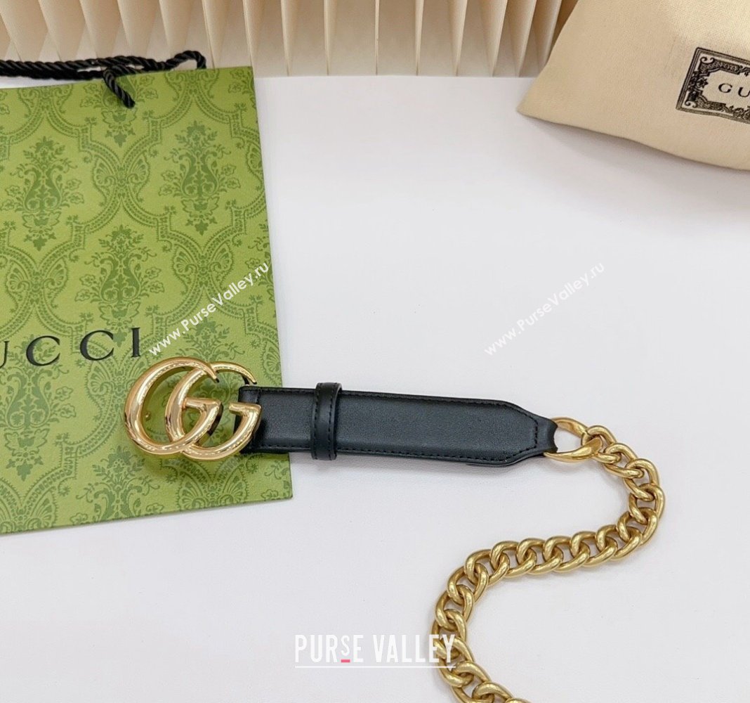 Gucci Belt 3cm with GG Buckle in Calfskin and Chain Black/Shiny Gold 2024 0617 (99-240617053)