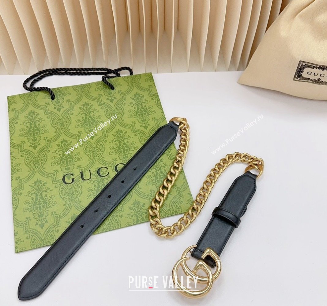 Gucci Belt 3cm with GG Buckle in Calfskin and Chain Black/Shiny Gold 2024 0617 (99-240617053)