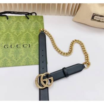 Gucci Belt 3cm with GG Buckle in Calfskin and Chain Black/Shiny Gold 2024 0617 (99-240617053)