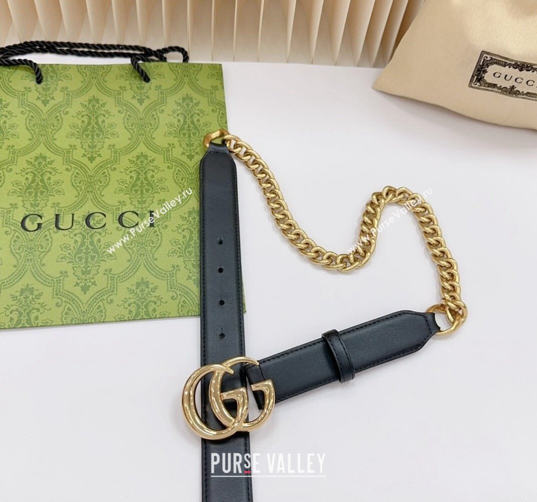 Gucci Belt 3cm with GG Buckle in Calfskin and Chain Black/Shiny Gold 2024 0617 (99-240617053)