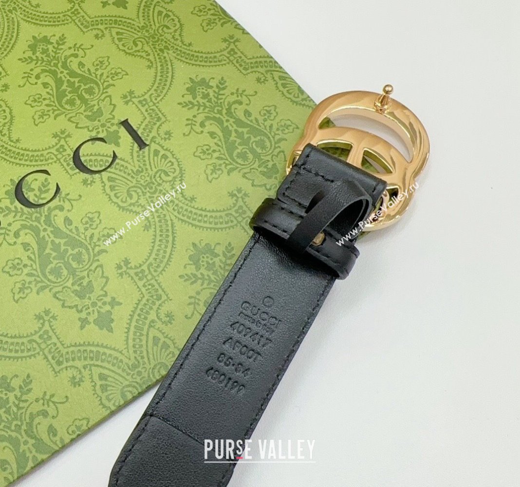 Gucci Belt 3cm with GG Buckle in Calfskin and Chain Black/Shiny Gold 2024 0617 (99-240617053)