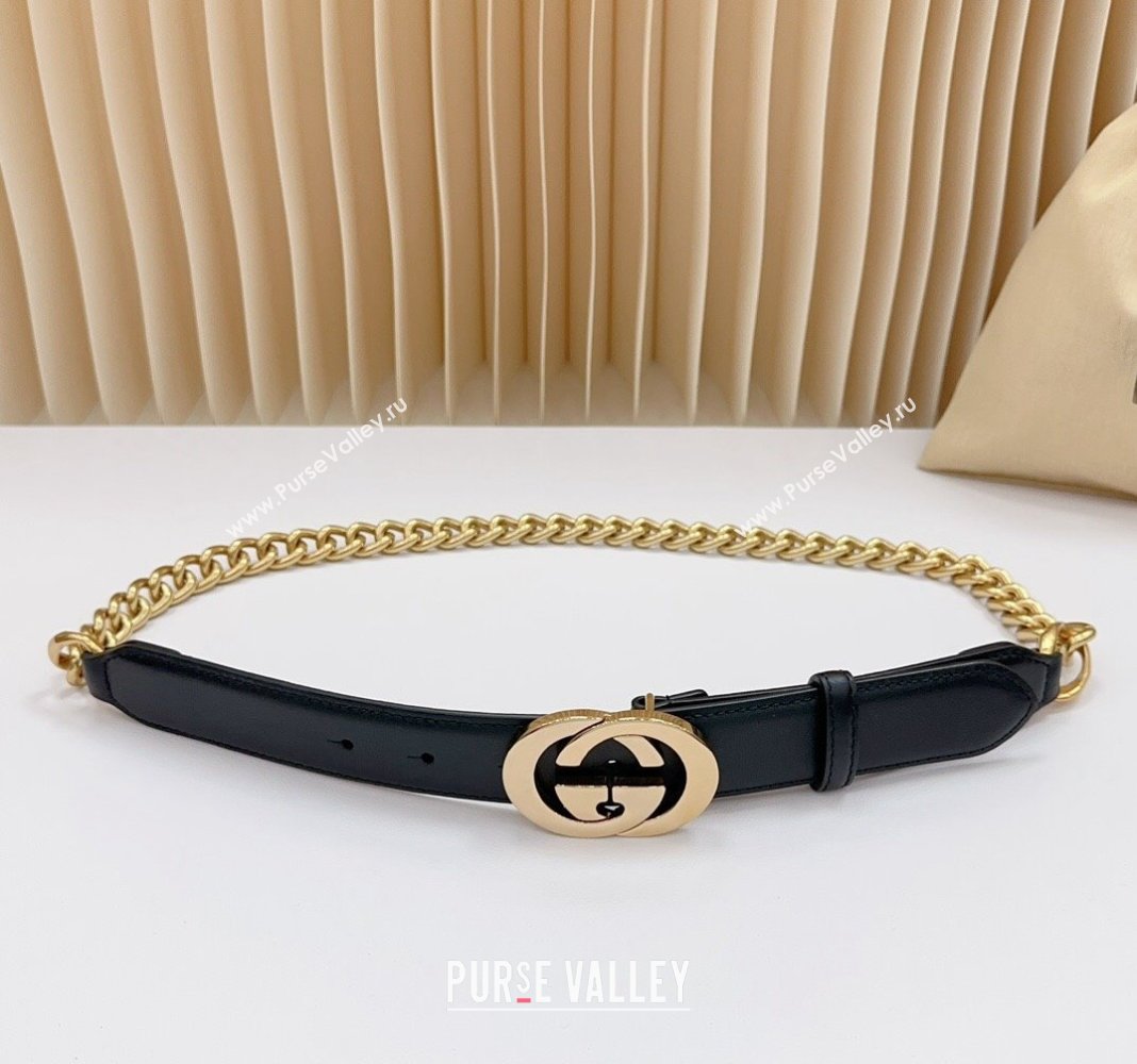 Gucci Belt 3cm with Interlocking G Buckle in Calfskin and Chain Black/Gold 2024 0617 (99-240617054)