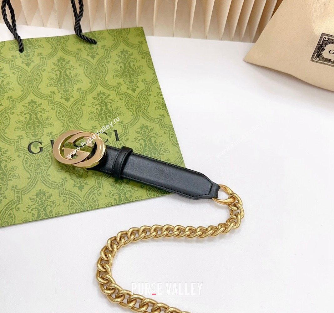 Gucci Belt 3cm with Interlocking G Buckle in Calfskin and Chain Black/Gold 2024 0617 (99-240617054)