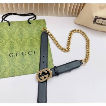 Gucci Belt 3cm with Interlocking G Buckle in Calfskin and Chain Black/Gold 2024 0617 (99-240617054)