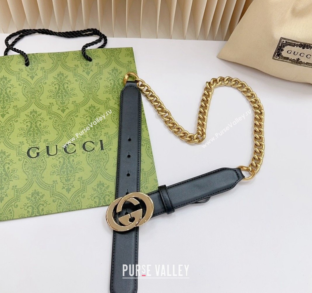 Gucci Belt 3cm with Interlocking G Buckle in Calfskin and Chain Black/Gold 2024 0617 (99-240617054)