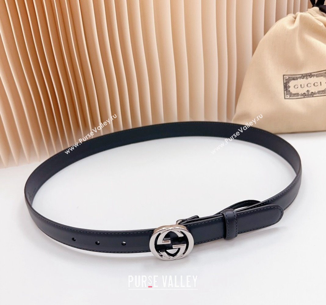 Gucci Leather Belt 2.5cm with Interlocking G Black/Shiny Silver 2024 0617 (99-240617064)