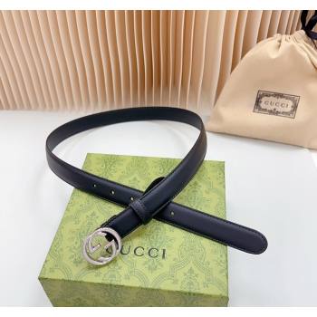 Gucci Leather Belt 2.5cm with Interlocking G Black/Shiny Silver 2024 0617 (99-240617064)