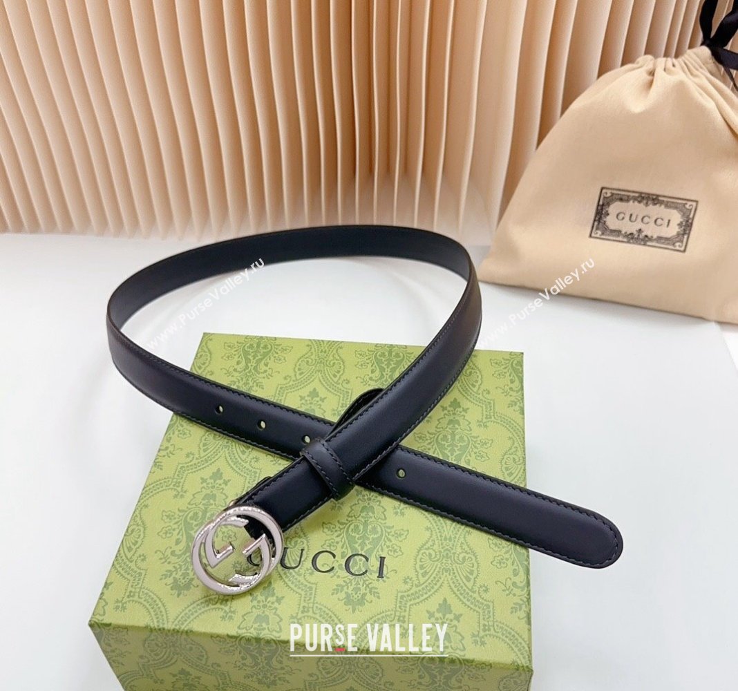 Gucci Leather Belt 2.5cm with Interlocking G Black/Shiny Silver 2024 0617 (99-240617064)