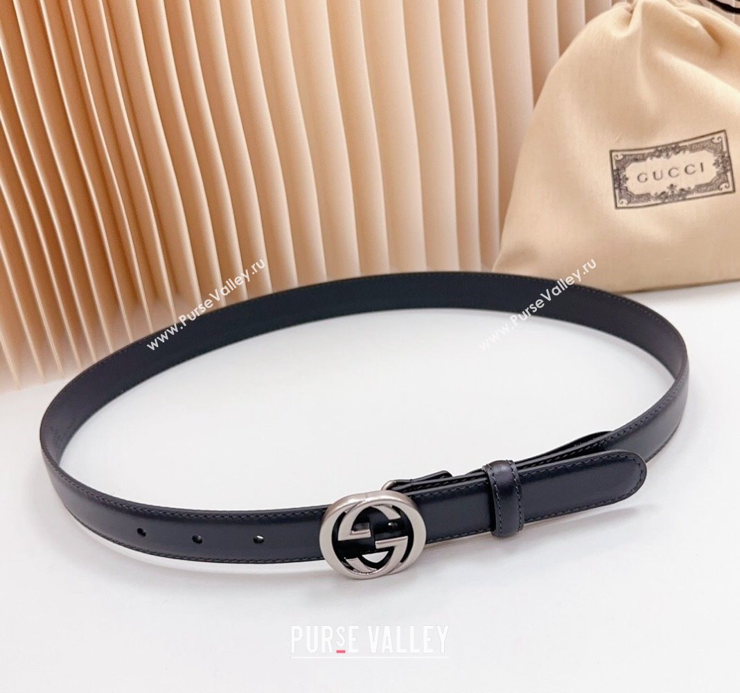 Gucci Leather Belt 2.5cm with Interlocking G Black/Aged Silver 2024 0617 (99-240617066)