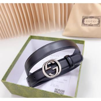 Gucci Leather Belt 2.5cm with Interlocking G Black/Aged Silver 2024 0617 (99-240617066)