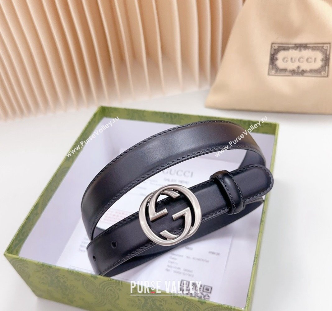 Gucci Leather Belt 2.5cm with Interlocking G Black/Aged Silver 2024 0617 (99-240617066)