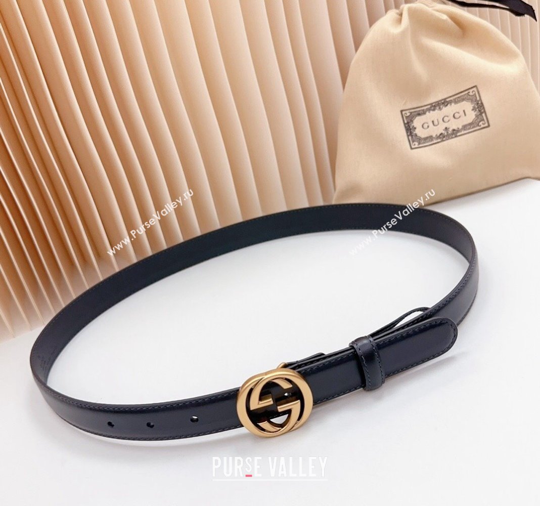 Gucci Leather Belt 2.5cm with Interlocking G Black/Aged Gold 2024 0617 (99-240617065)