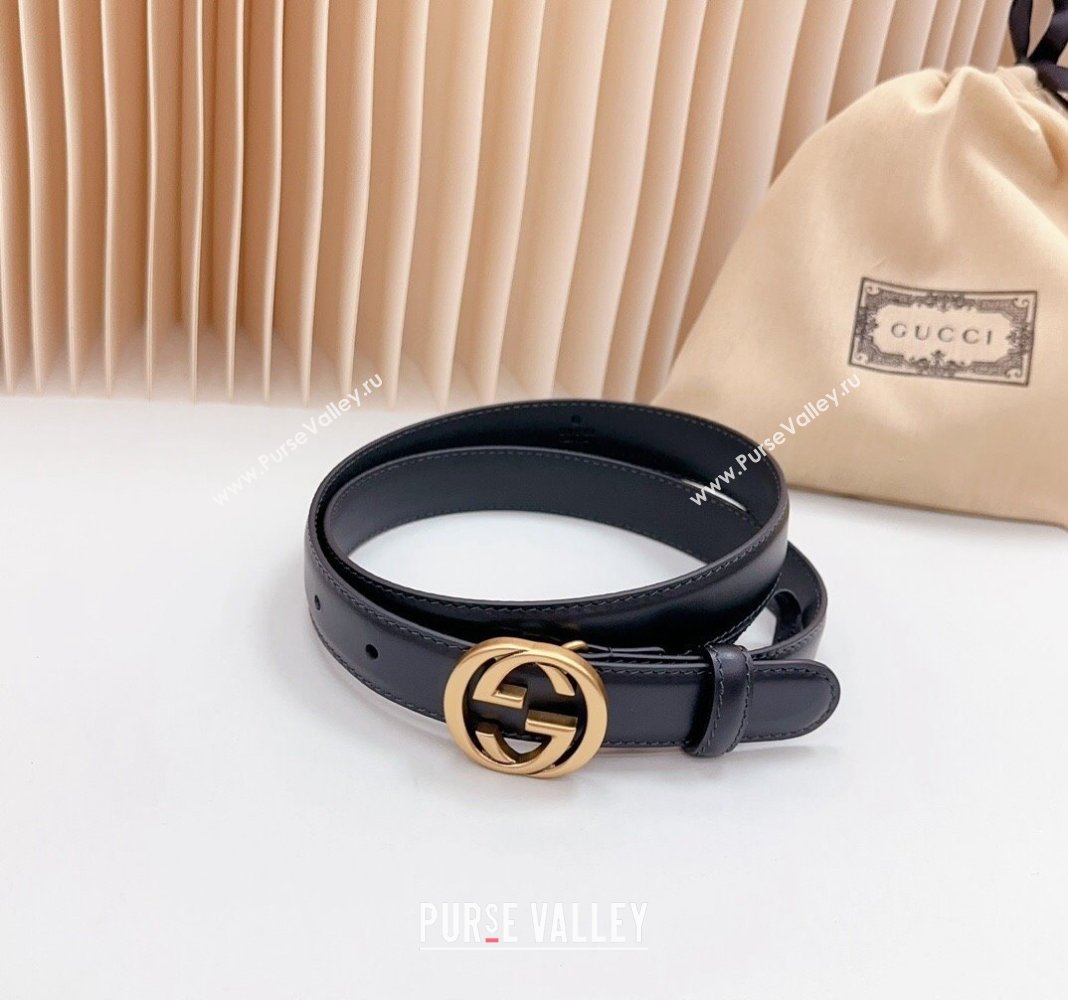 Gucci Leather Belt 2.5cm with Interlocking G Black/Aged Gold 2024 0617 (99-240617065)