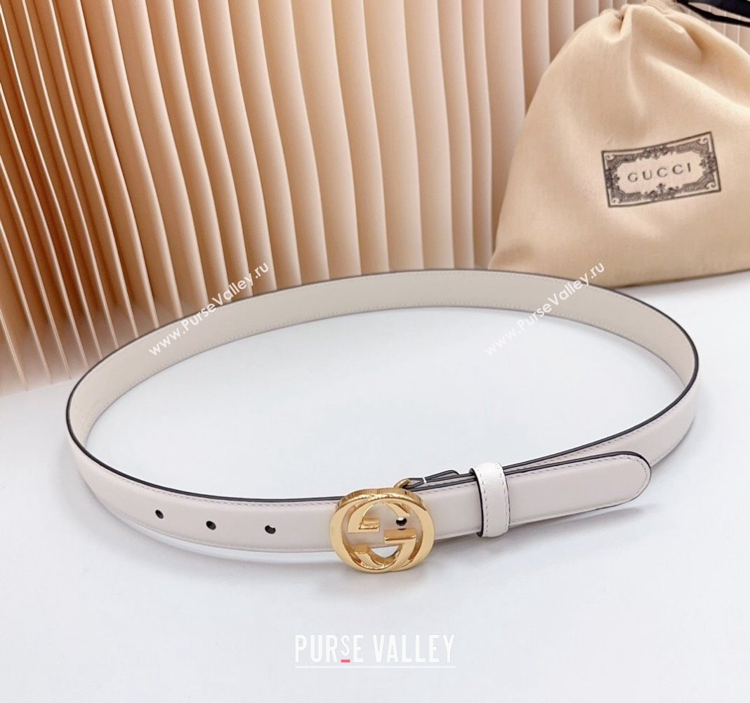 Gucci Leather Belt 2.5cm with Interlocking G White/Shiny Gold 2024 0617 (99-240617067)