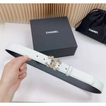 Chanel Belt 3cm with Square Strass CC Buckle in Grained Calfskin White 2024 0617 (99-240617044)