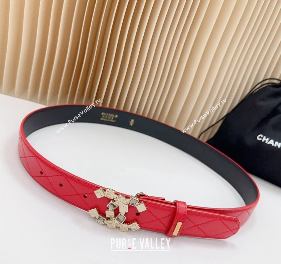 Chanel Belt 3cm with Square Strass CC Buckle in Quilted Calfskin Red 2024 0617 (99-240617048)