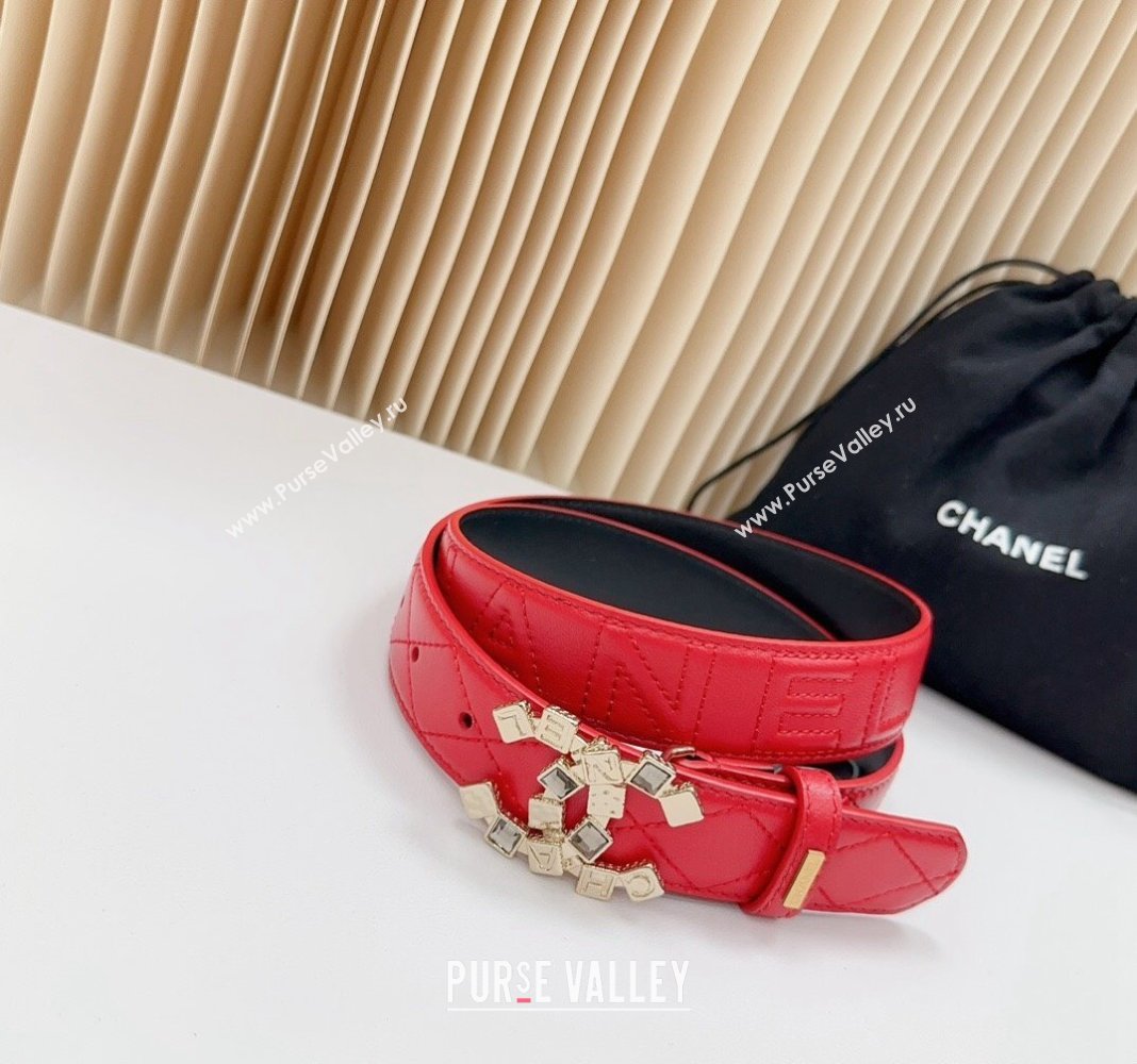 Chanel Belt 3cm with Square Strass CC Buckle in Quilted Calfskin Red 2024 0617 (99-240617048)