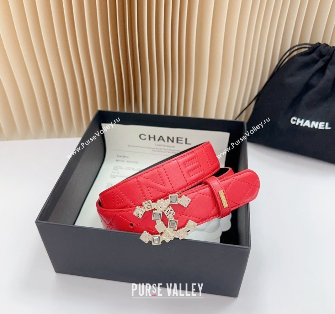 Chanel Belt 3cm with Square Strass CC Buckle in Quilted Calfskin Red 2024 0617 (99-240617048)