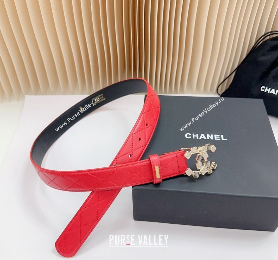 Chanel Belt 3cm with Square Strass CC Buckle in Quilted Calfskin Red 2024 0617 (99-240617048)