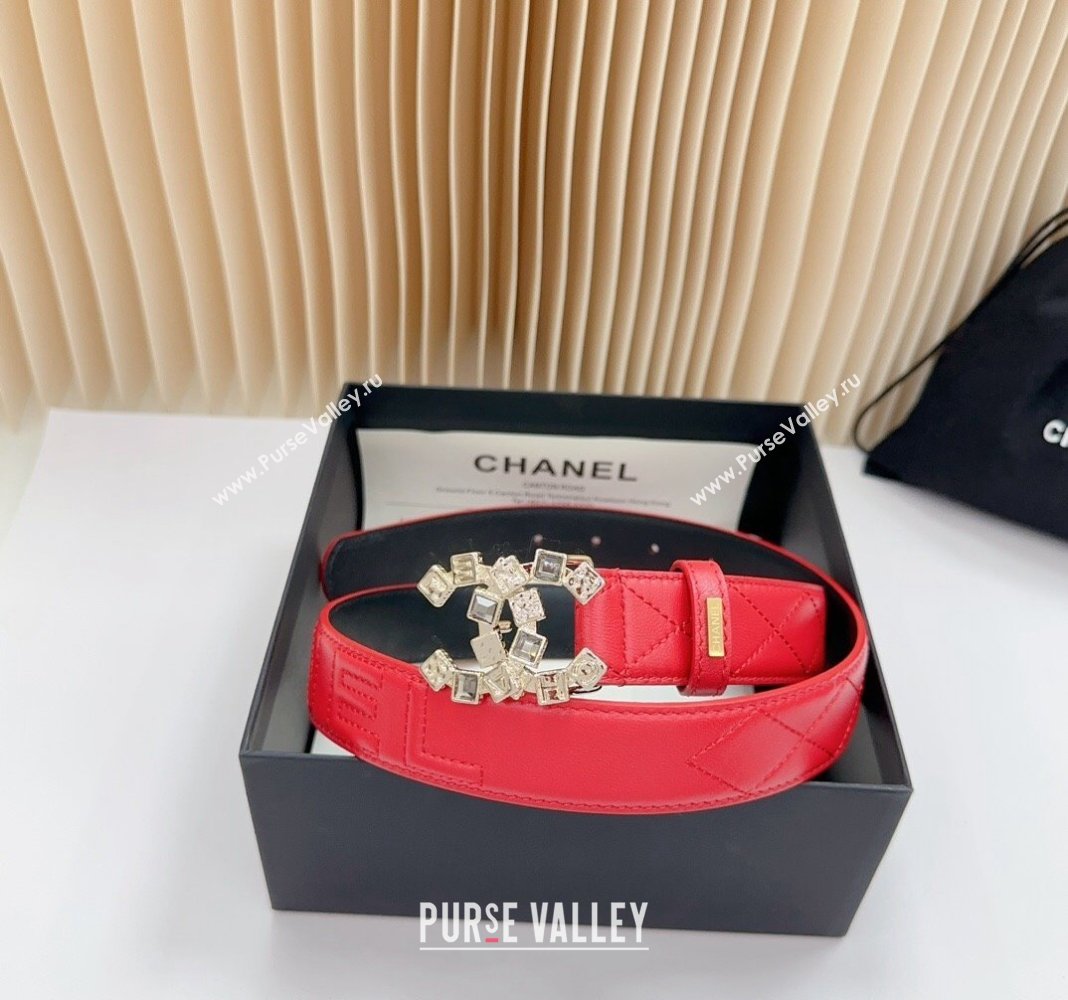 Chanel Belt 3cm with Square Strass CC Buckle in Quilted Calfskin Red 2024 0617 (99-240617048)