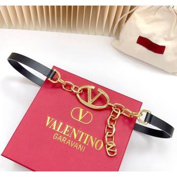 Valentino The Bold Edition VLogo Calfskin and Chain Belt 1.5cm Black/Gold 2024 0615 (99-240615084)